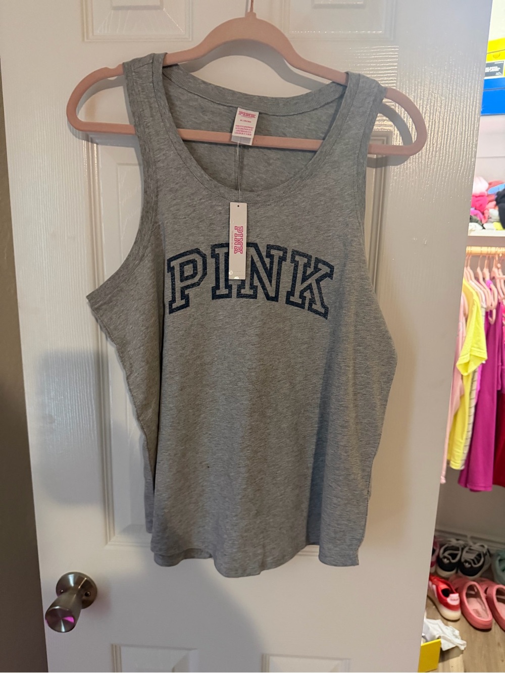 PINK Victoria's Secret Gray Logo Tank Top with Navy Lettering